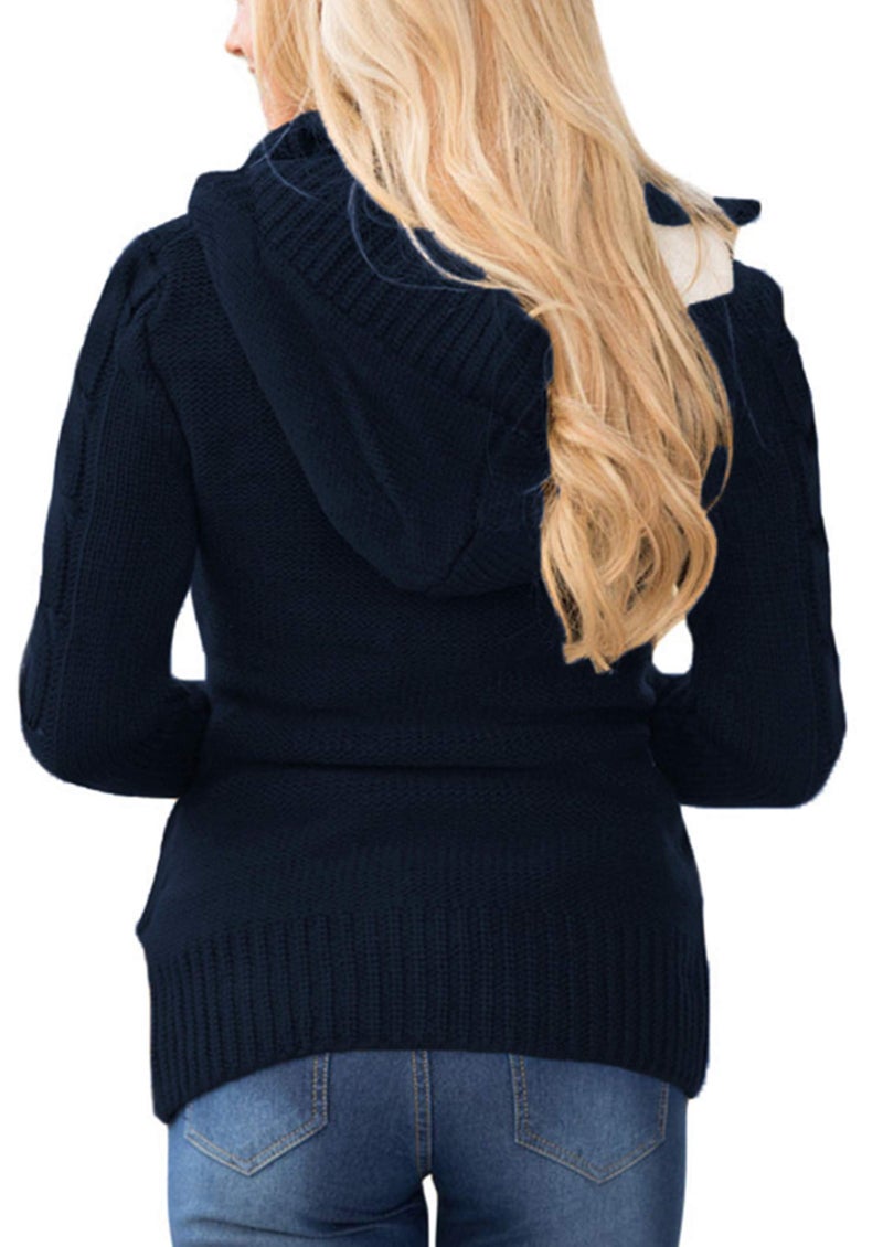 Sidefeel Women's Cardigan Hooded Fleece Lined Jackets Winter Cable Knit Sweater Coat Large Navy - Image 3